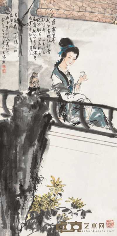 王锡麒 1983年作 卷帘倚栏图 镜心 116×58cm